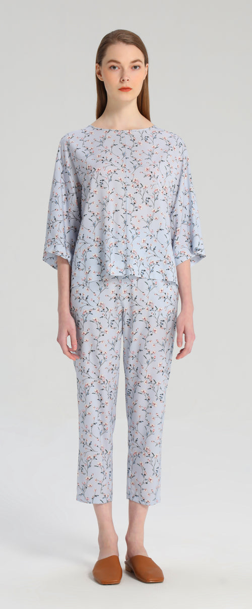 Baby Blue Floral Silk Blouse - Urlazh New York