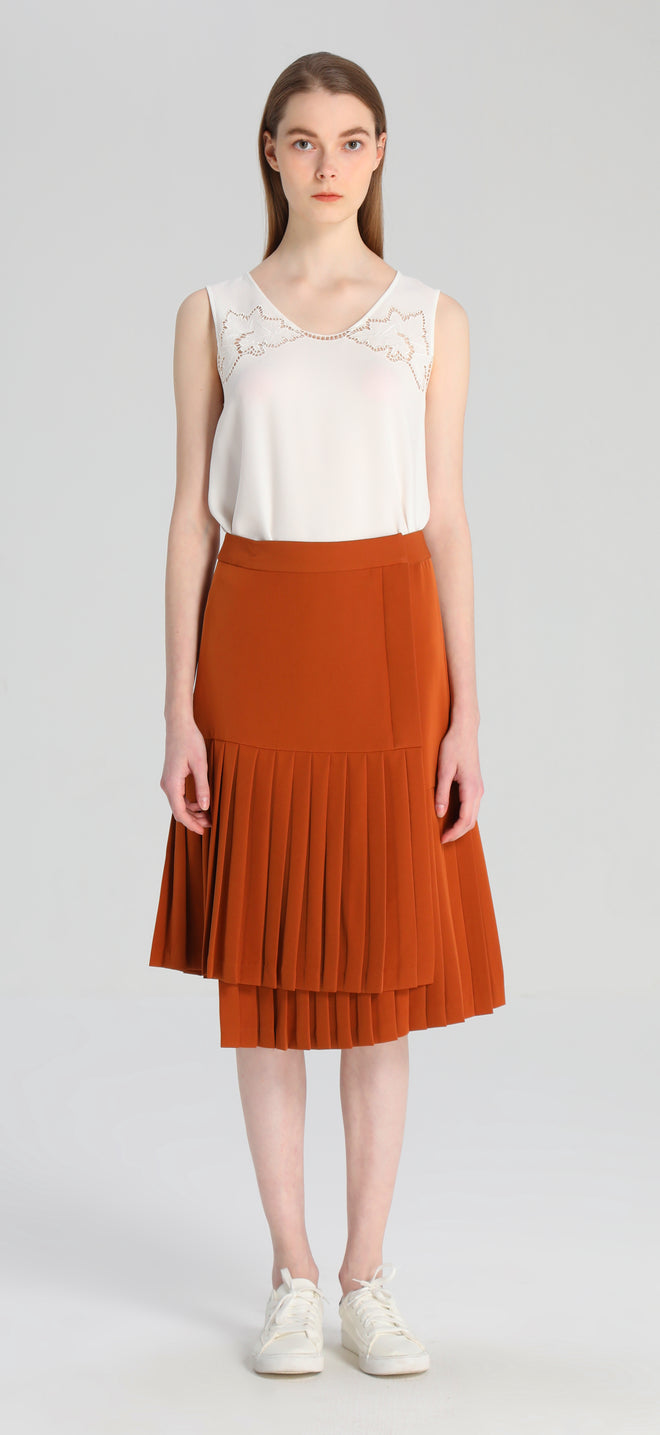 Burnt Orange Pleated Slant Skirt - Urlazh New York