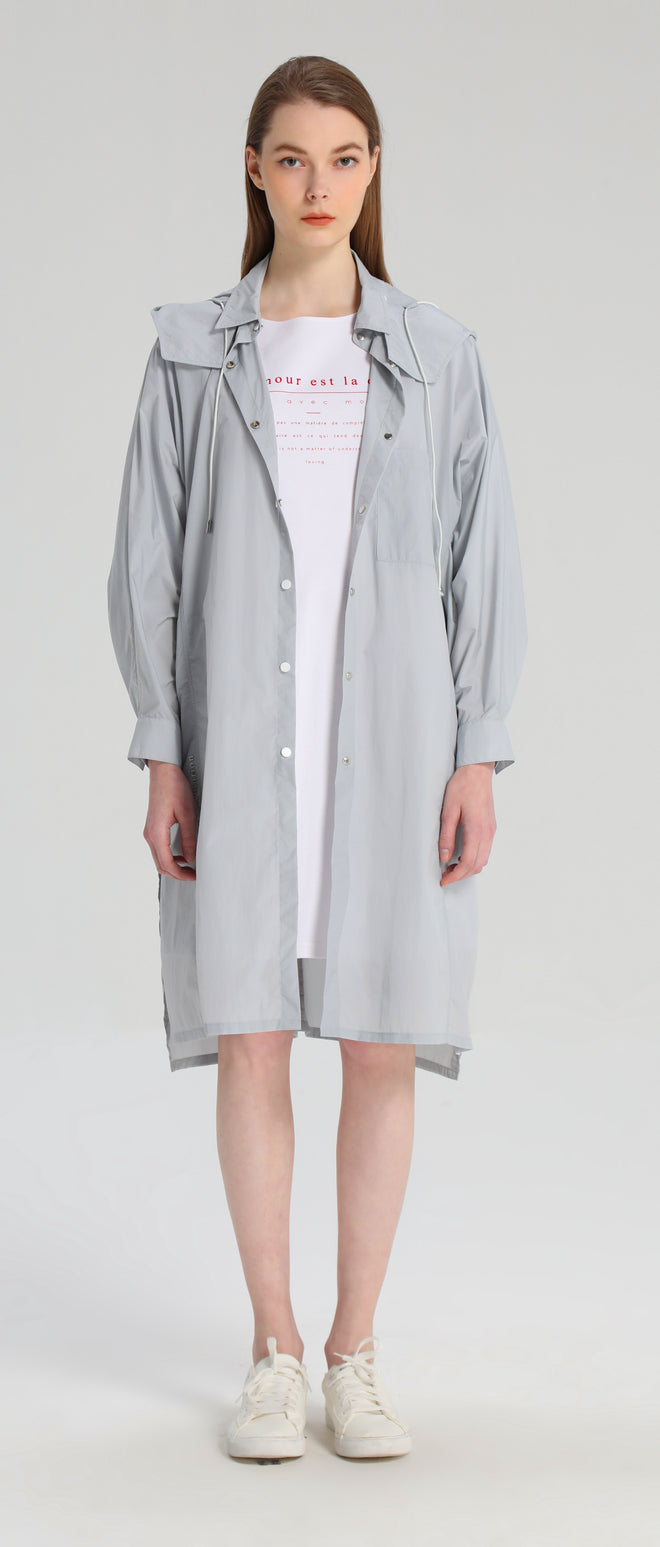 Grey Hooded Long Windbreaker - Urlazh New York