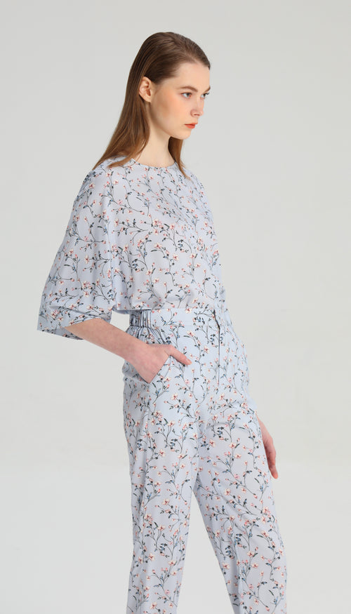 Baby Blue Floral Silk Blouse - Urlazh New York