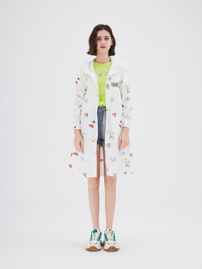 White Graphic Print Hooded Long Windbreaker - Urlazh New York