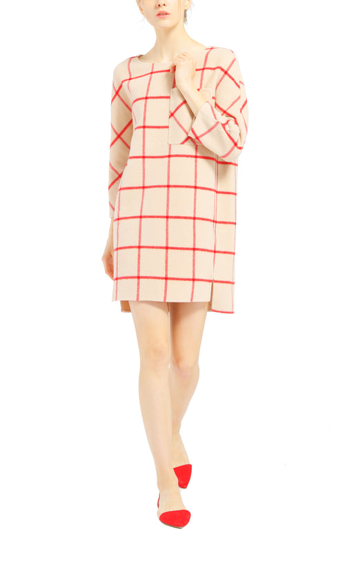 Cream and Red Grid Wool Sweater Dress - Urlazh New York