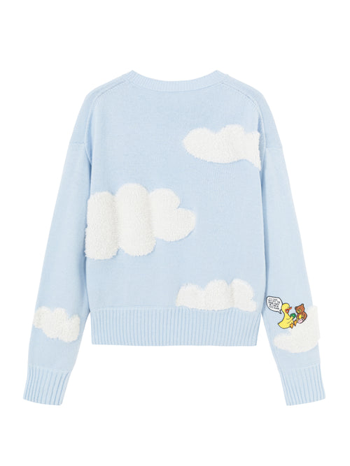 Sky Blue Cloud Embroidery Wool Sweater - Urlazh New York