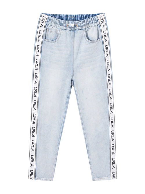 Blue Washed Tapered Logo Cropped Jeans - Urlazh New York