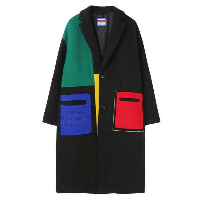 Manteau en laine color block noir NYC 