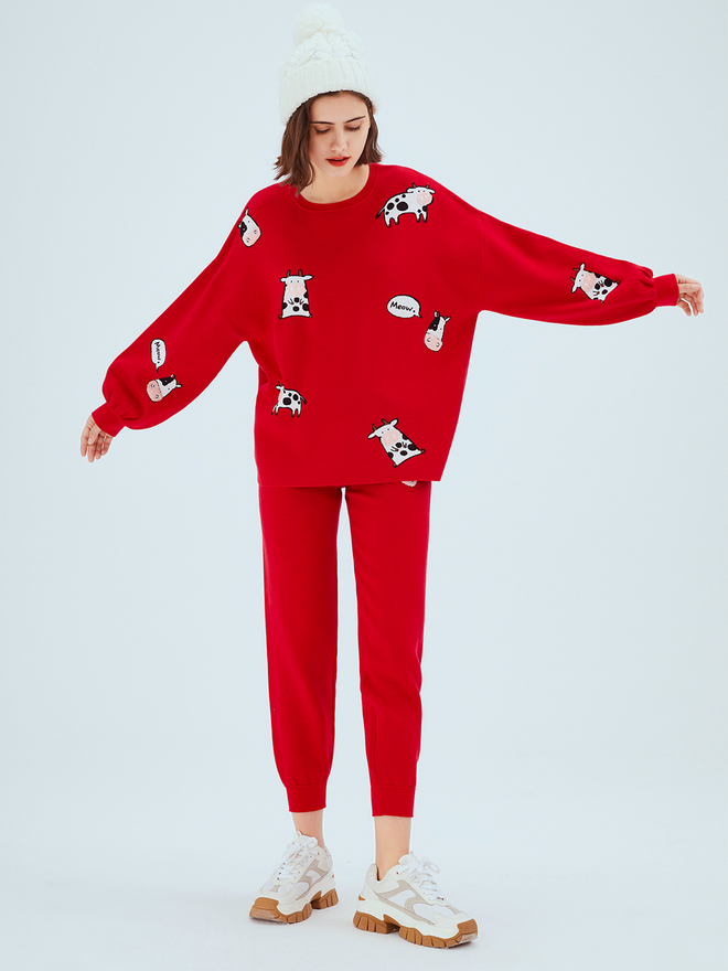 Red Graphic Crewneck Wool Lounge Pants - Urlazh New York