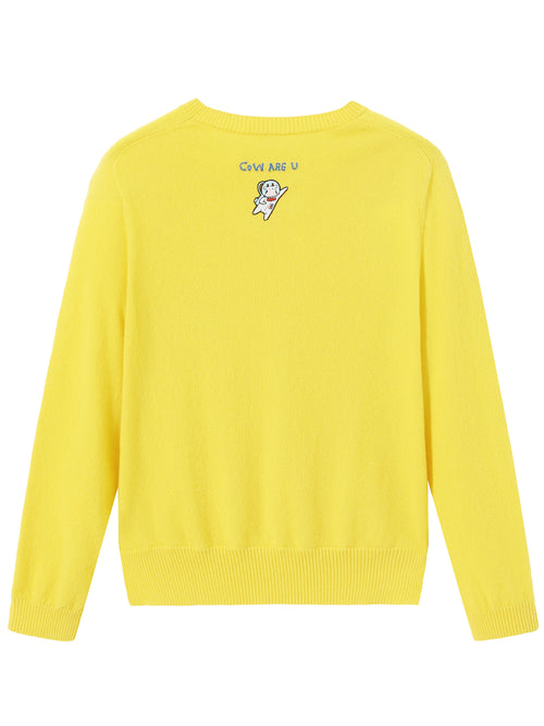 Yellow Graphic Embroidered Crewneck Cashmere Sweater - Urlazh New York