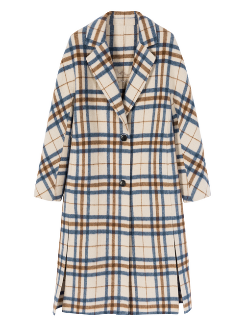 Cream Long Checkered Wool Coat - Urlazh New York