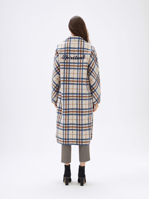 Cream Long Checkered Wool Coat - Urlazh New York