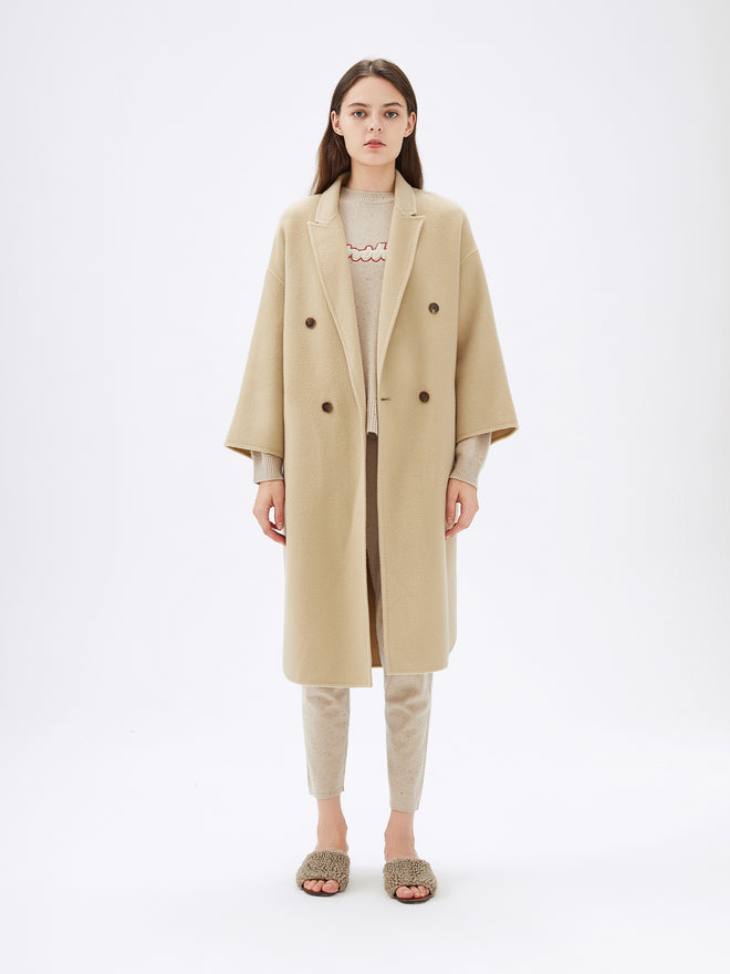 Beige Embroidered Double Breasted Coat - Urlazh New York