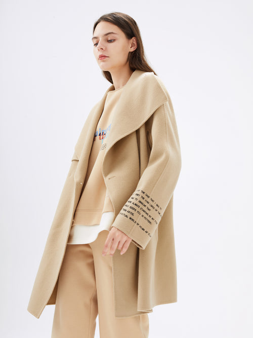 Camel Embroidered Hooded Wool Coat - Urlazh New York