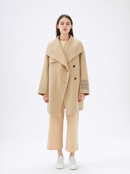 Camel Embroidered Hooded Wool Coat - Urlazh New York