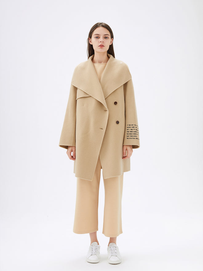 Camel Embroidered Hooded Wool Coat - Urlazh New York