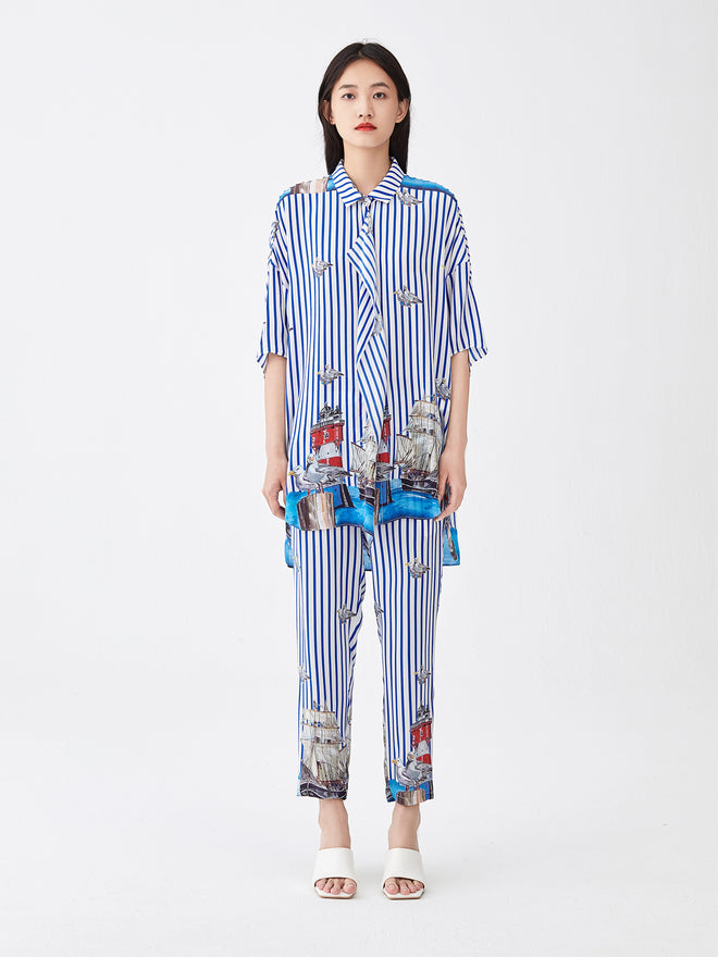 Blue and White Striped Silk Pants - Urlazh New York