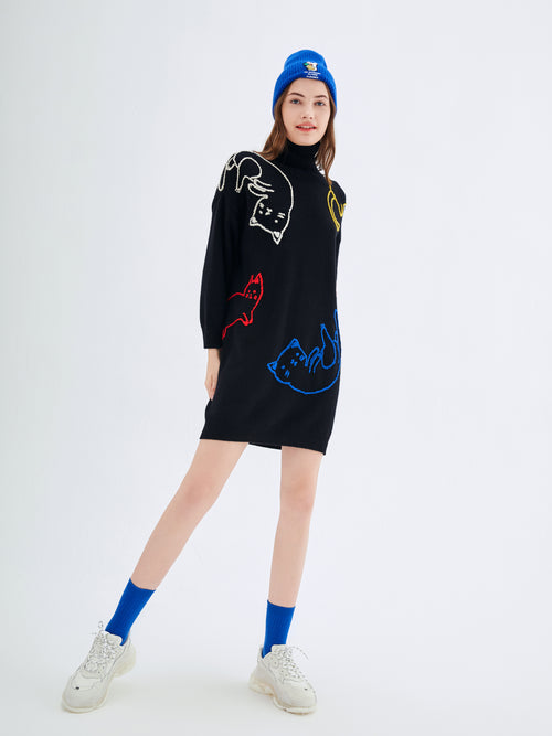 Black U-Cat Embroidered Turtle Neck Sweater Dress - Urlazh New York