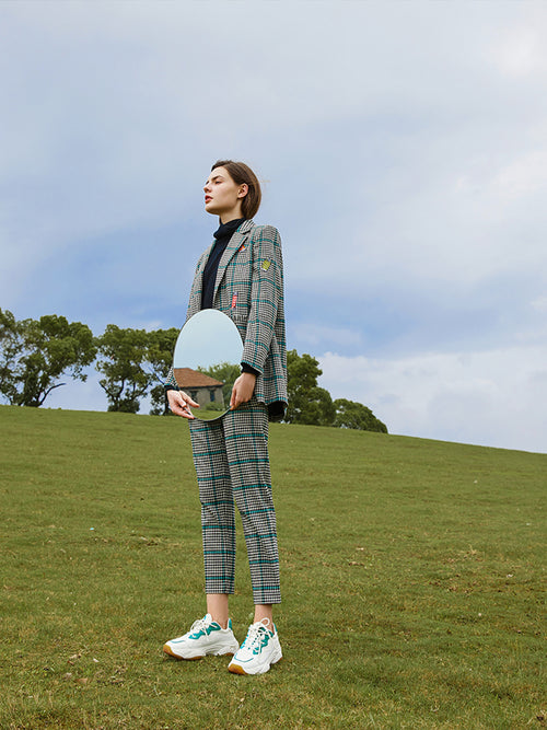 Grey & Green Wool Checked Cropped Trousers - Urlazh New York