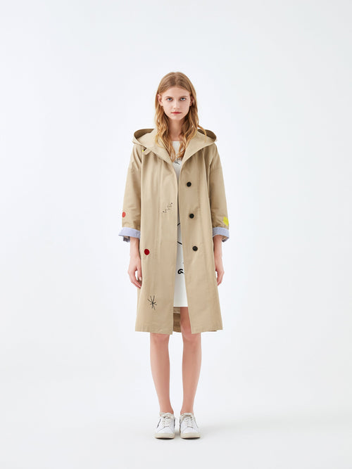 Miró Beige Embroidered Hooded Trench Coat - Urlazh New York
