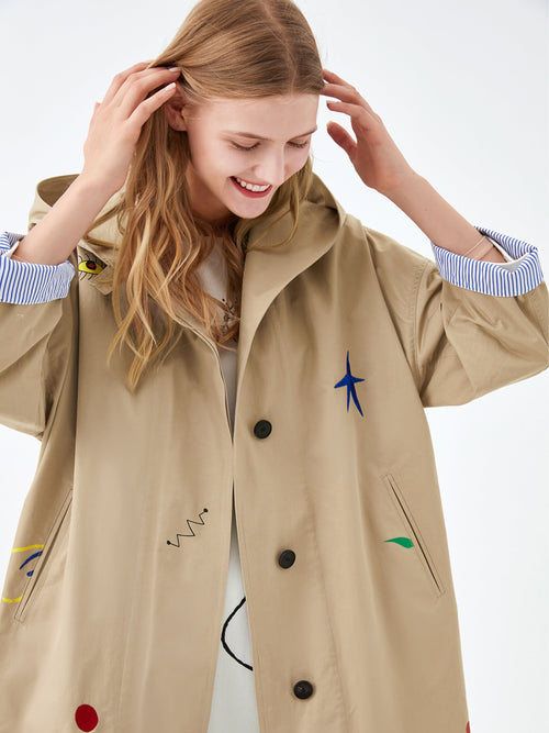 Miró Beige Embroidered Hooded Trench Coat - Urlazh New York