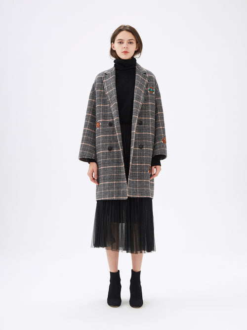 Grey Plaid Wool Double Breasted Coat - Urlazh New York