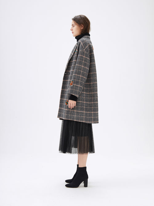Grey Plaid Wool Double Breasted Coat - Urlazh New York