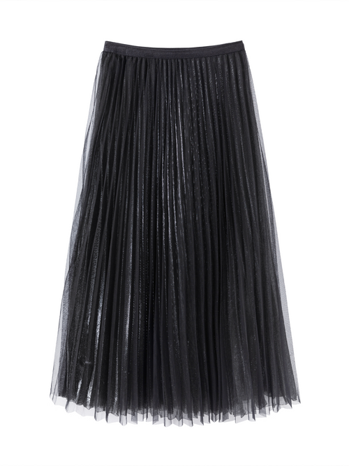 Black Tulle Pleated Midi Skirt