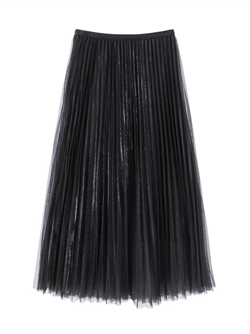 Black Tulle Pleated Midi Skirt - Urlazh New York